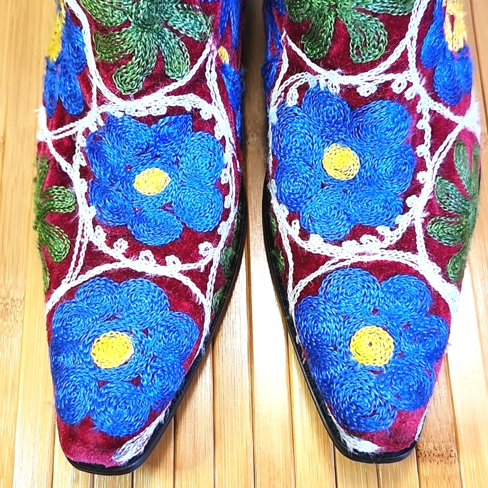 Turkish Sole Womens Back Zip Embroirered Red Velvet Leather Lined Cowboy Boots - Picture 8 of 12